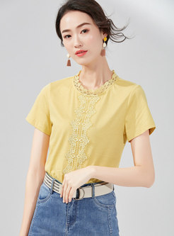 Stylish Pure Color Lace Splicing Cotton T-shirt