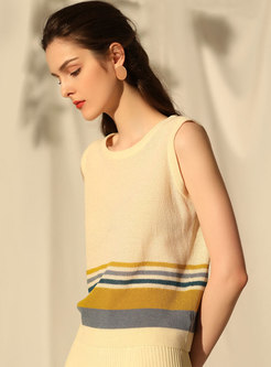 Color-blocked Striped O-neck Sleeveless Knitted Tank