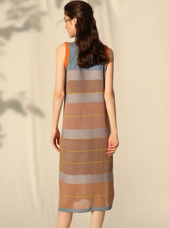 Stylish Color-blocked Striped Sleeveless Shift Knitted Dress