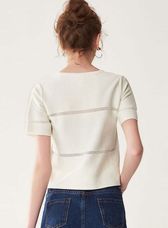 Brief White Hollow Out O-neck Knitted T-shirt