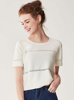Brief White Hollow Out O-neck Knitted T-shirt