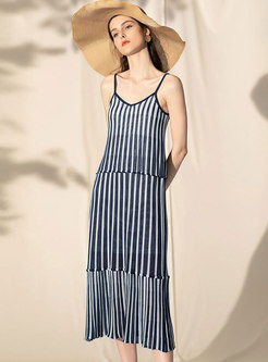 Chic Asymmetric Casual Backless Striped Slip Knitted Dress
