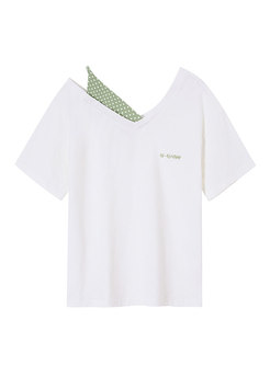 V-neck Green Dot Pattern Splicing Daily T-shirt