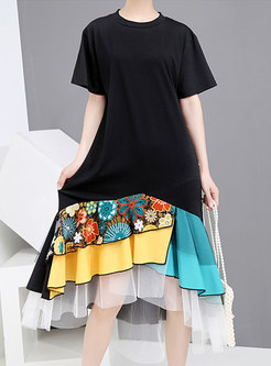 Mesh Embroidered Splicing Summer T-shirt Dress