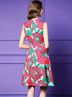 Vintage Floral Print Sleeveless A Line Dress