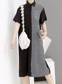 Casual Striped Lapel Single-breasted T-shirt Dress