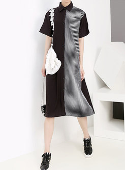 Casual Striped Lapel Single-breasted T-shirt Dress
