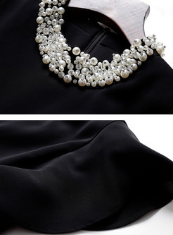 Elegant Pearl Collar Falbala Gathered Waist Bodycon Dress