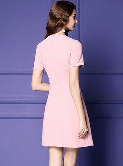 Sweet Pink Bowknot Short Sleeve Gathered Waist Mini Dress