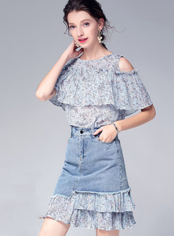 Stylish Off Shoulder Print Top & Denim Splicing Sheath Skirt