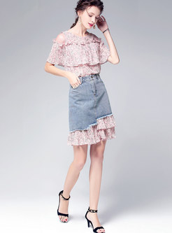 Cute Pink Print Top & Pleated Splicing Denim Skirt