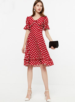 Fashion V-neck Dot Pattern Flare Sleeve A Line Dress