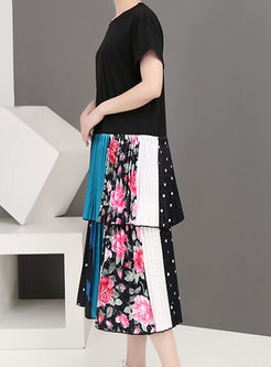O-neck Pullover Loose Splicing Print Pleated Dress