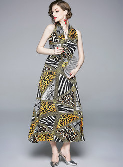 Leopard Print V-neck Sleeveless Slim Maxi Dress