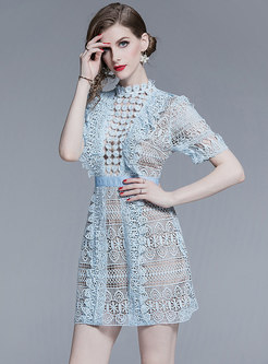 Stylish Lace Stand Collar Slim Mini Dress