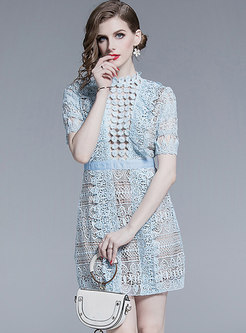 Stylish Lace Stand Collar Slim Mini Dress