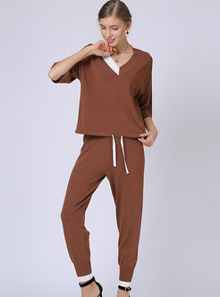 V-neck Color-blocked Knitted Two-piece Pants Set