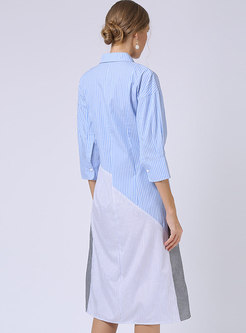 Brief Lapel Color-blocked Striped Split T-shirt Dress