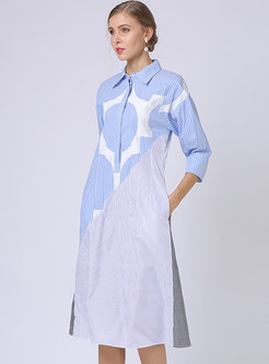 Brief Lapel Color-blocked Striped Split T-shirt Dress