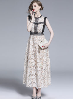 Fashion O-neck Sleeveless Lace Splicing Maxi Dress