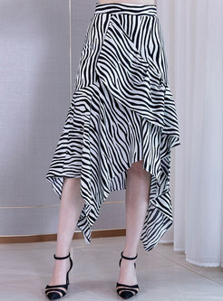 Casual Asymmetric Striped Falbala Chiffon Skirt