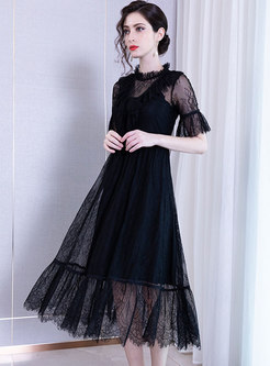 Mesh See-though Flare Sleeve Gathered Waist Skater Dress