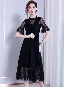 Mesh See-though Flare Sleeve Gathered Waist Skater Dress