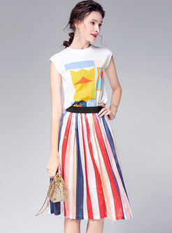 Brief Print Sleeveless T-shirt & Color-blocked Striped Skirt