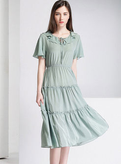 Brief Solid Color Ruffled Neck Silk Dress