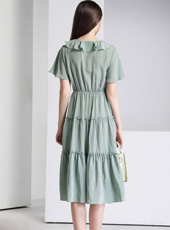 Brief Solid Color Ruffled Neck Silk Dress
