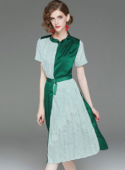 Standing Collar Color-blocked Striped Big Hem Dress