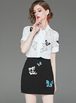 Fashion Embroidered Lace Blouse & Slim Bodycon Skirt