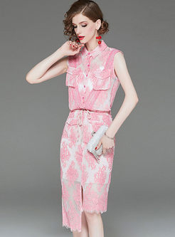 Stylish Lapel Sleeveless Lace Two Piece Outfits