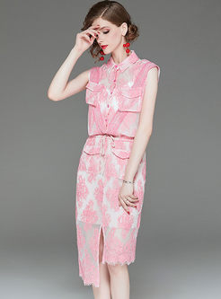 Stylish Lapel Sleeveless Lace Two Piece Outfits