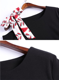 Print Splicing Off Shoulder Belted Slim Midi Dress