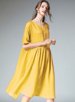 O-neck Short Sleeve Solid Color Big Hem Dress
