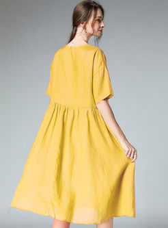 O-neck Short Sleeve Solid Color Big Hem Dress