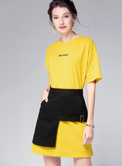 Letter Print O-neck T-shirt Dress & Asymmetric Skirt
