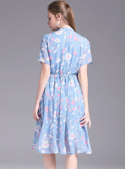 Brief Floral Print Tied Gathered Waist Pleated Dress