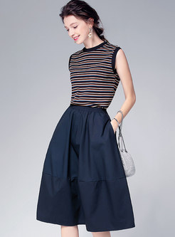 Chic Striped Sleeveless Top & Pure Color Loose Skirt