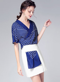 Stylish V-neck Striped Top & All-matched Sheath Skirt