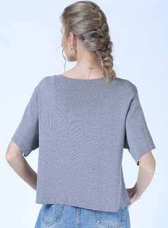 Solid Color Asymmetric O-neck Knitted T-shirt