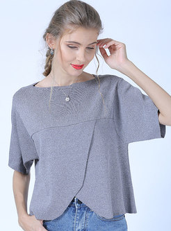 Solid Color Asymmetric O-neck Knitted T-shirt