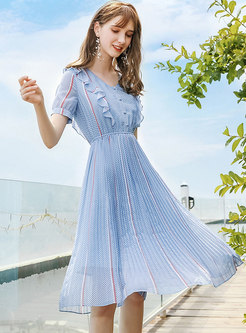 Stylish Polka Dot Pleated Summer Skater Dress