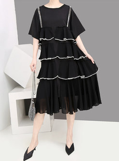 Solid Color Splicing O-neck Loose Tiered Shift Dress