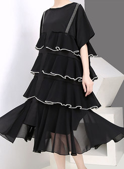 Solid Color Splicing O-neck Loose Tiered Shift Dress