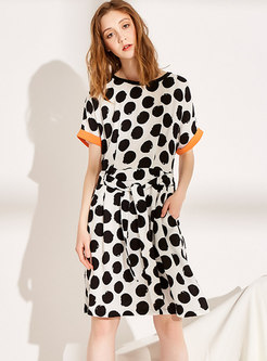 Stylish Black And White Dot Pattern Gathered Waist Skater Dress
