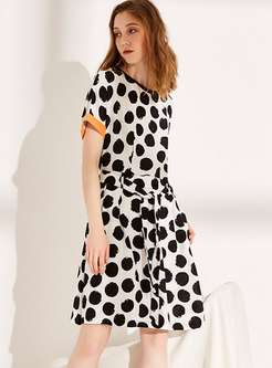 Stylish Black And White Dot Pattern Gathered Waist Skater Dress