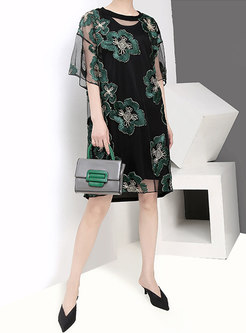 Stylish Flower Embroidered Perspective Street Shift Dress