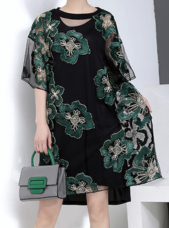 Stylish Flower Embroidered Perspective Street Shift Dress